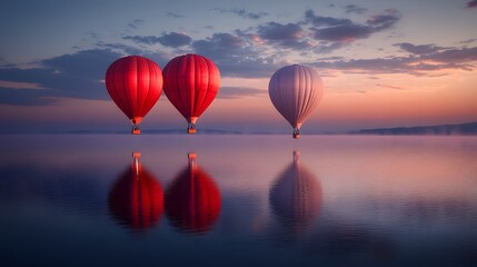Fototapeta premium Hot Air Balloons Reflecting on a Misty Lake at Sunrise