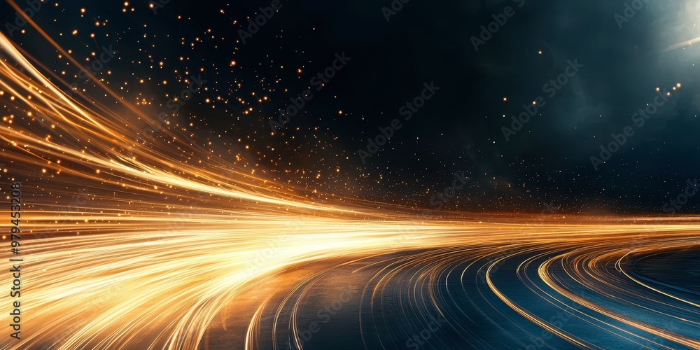 Poster a dynamic visual of glowing light trails against a dark backdrop, evoking a sense of speed and motio