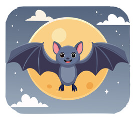 A tiny bat flying on a full moon night. Halloween vector illustration