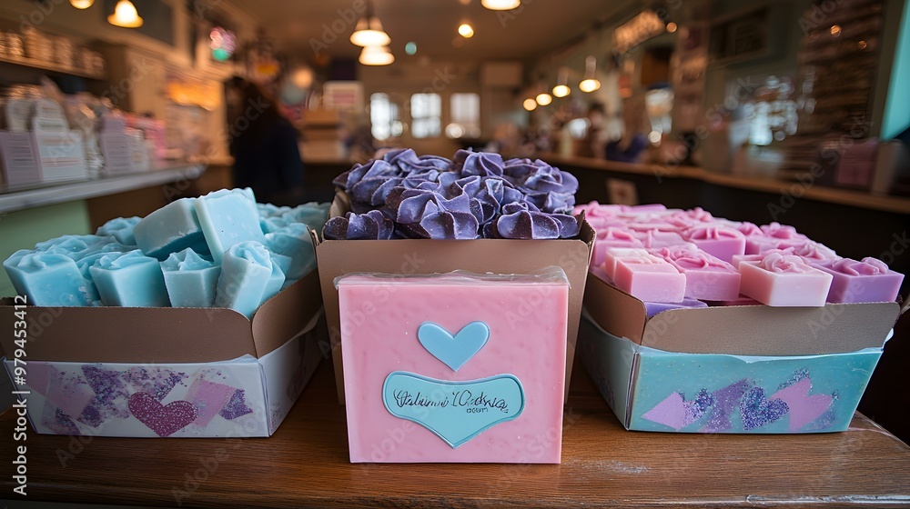 Poster blue serenity, an array of assorted soap bars showcasing tranquil shades of blue, reflecting calmnes