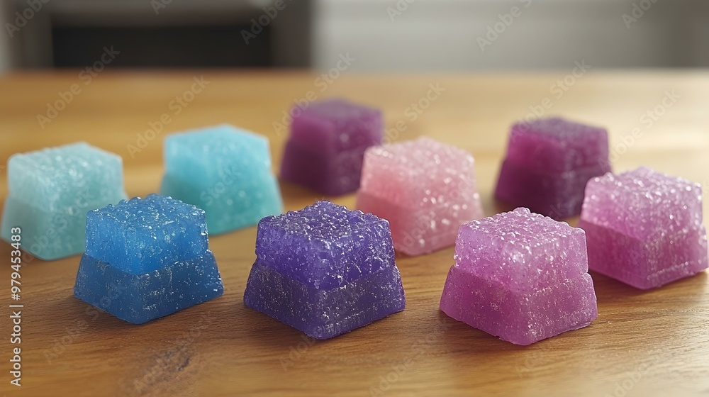 Poster blue serenity, an array of soap bars in calming shades of blue, showcasing smooth textures and invit