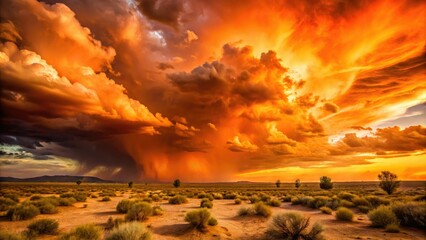 intense hot gradient orange stormy sky looming over arid desert landscape on sweltering summer afternoon