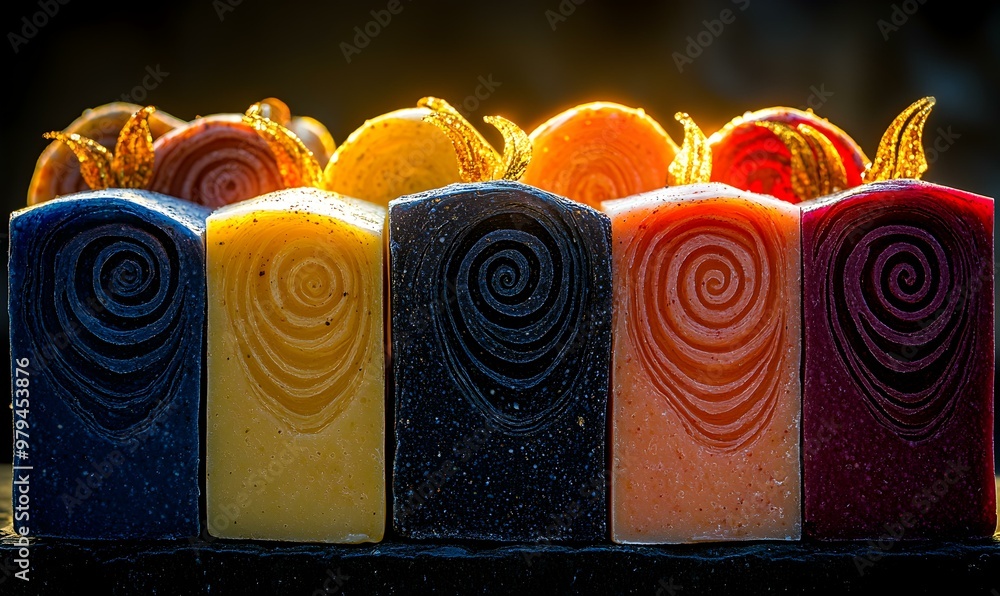 Poster vibrant soap symphony, a creative display of colorful soaps arranged artistically, showcasing an arr
