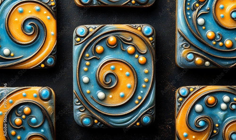 Poster vibrant handmade soap bars with swirling patterns, showcasing an array of bold colors and unique des