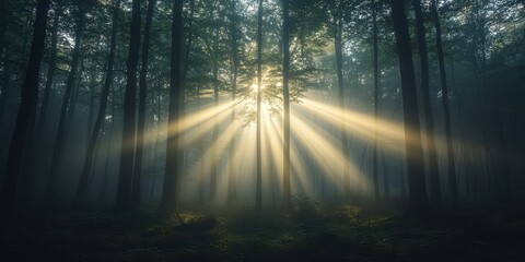Naklejka premium A serene forest scene illuminated by sun rays, creating a mystical atmosphere with mist and towering trees.