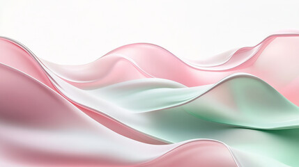 Fototapeta premium Soft, fluid 3D waves in pastel pink and green, gently flowing across a bright white background with subtle light reflections and shadows to enhance the sense of motion.