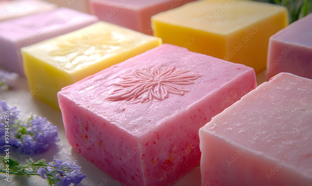 Aufkleber vibrant soap blocks with floral accents, an array of colorful soap pieces adorned with delicate flow