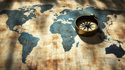 Fototapeta premium Shadow of a compass cast on a faded world map, creating a mysterious atmosphere