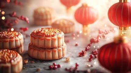 Delicious mooncakes surrounded by festive decorations, perfect for celebrating the Mid-Autumn Festival.