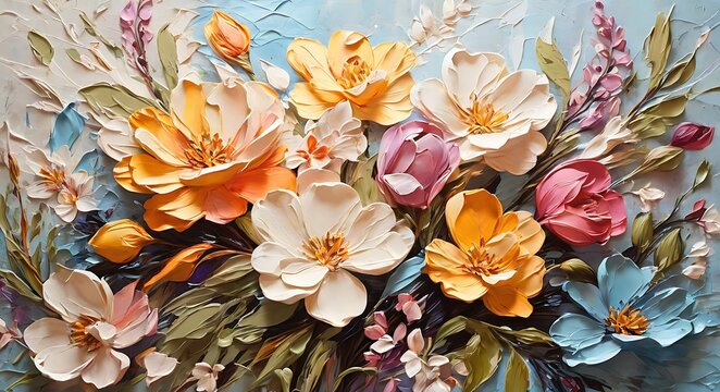 Oil painting of spring flowers on canvas. Beautiful abstract colorful flowers. Macro impasto painting.