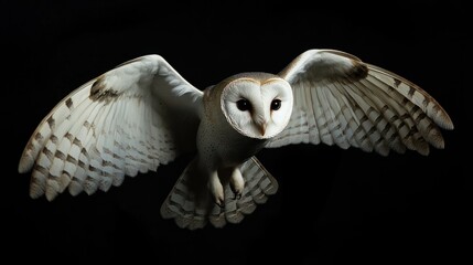 A barn owl gracefully swooping down towards the ground, wings spread wide and eyes focused in twilight.