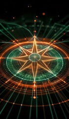 A holographic nautical compass on top of glowing lines representing network communication with sparkles of light in orange and green tones