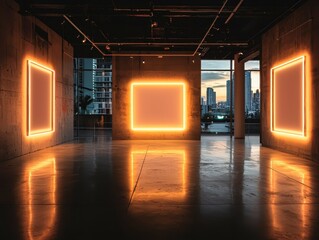 An artistic interior with glowing frames, reflecting light on polished floors, showcasing a modern urban aesthetic.