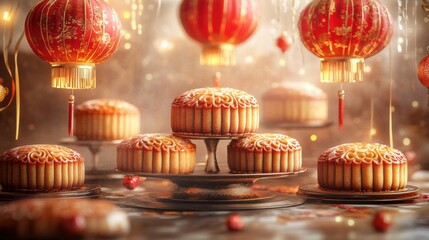 Elegant display of mooncakes amidst festive lanterns, celebrating tradition and culture in a warm, inviting atmosphere.