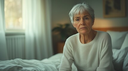 An elderly woman sits on the bed in her bedroom, looking at the camera with a worried expression