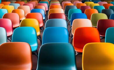 Naklejka premium Colorful chairs arranged in rows, perfect for an auditorium or conference setting