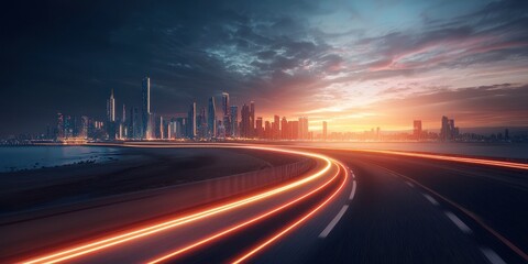 A vibrant city skyline at dusk, with glowing lights and a curved roadway leading into the scene, capturing the essence of urban life and energy.
