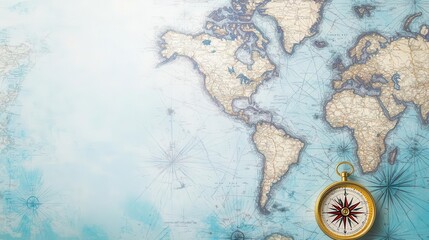 World map and compass with an overlay of faint, hand-drawn exploration routes