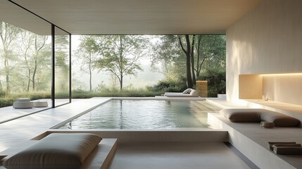 The minimalist interior of an indoor pool has a sunken seating area. In the background