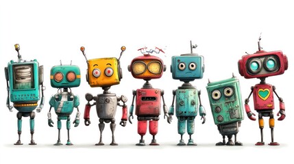 A group of robots are standing in a row