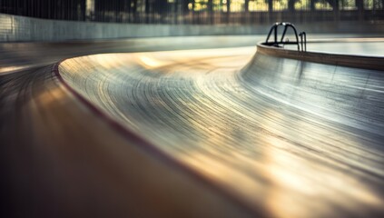 Top view of a cycling velodrome with an empty track, curving smoothly around the arena