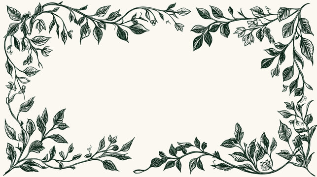 Floral vintage frames with silhouettes of branches, leaves and vines. Hand drawn elegant delicate botanical borders and wreaths. Vector isolated elements for wedding invitation, card, page boder