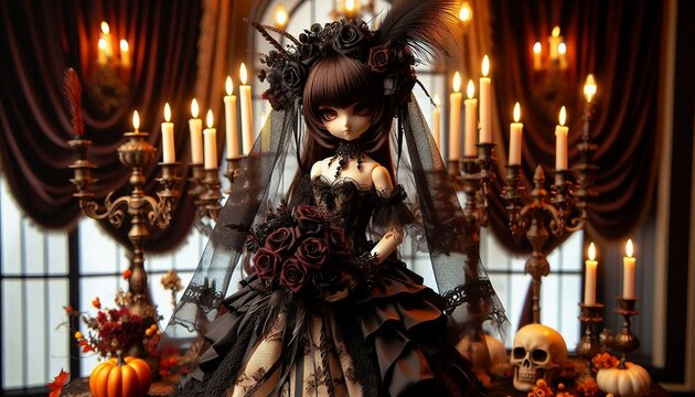 A doll dressed in an elaborate gothic outfit stands before a backdrop of lit candles, autumn leaves, and a skull, creating a moody and atmospheric scene.

