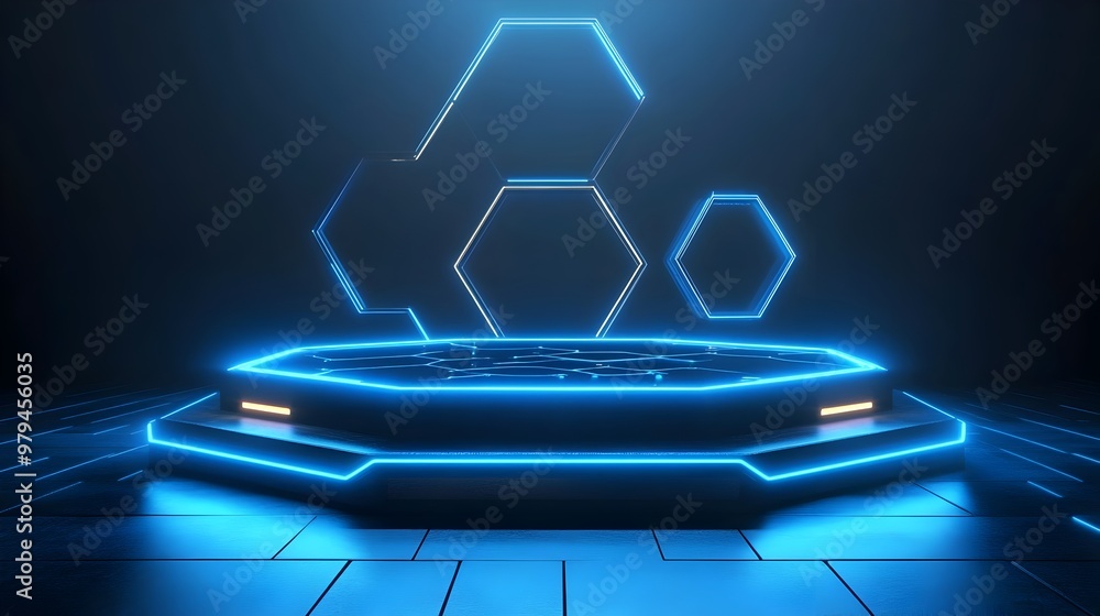 Poster futuristic hexagonal podium platform for digital product showcase or event presentation