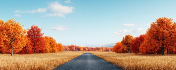 Obraz premium A tranquil autumn landscape featuring a winding road surrounded by vibrant orange and yellow foliage under a clear blue sky.