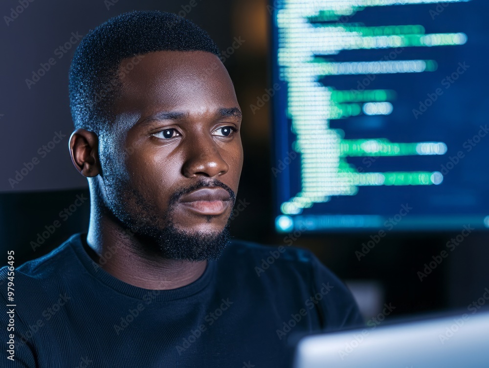 Aufkleber focused programmer working on code in a dimly lit office, showcasing concentration and modern techno