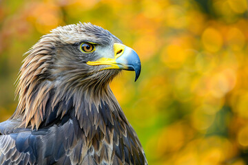 Fototapeta premium A majestic eagle with sharp yellow eyes and a powerful beak, posing against a blurred autumn background.