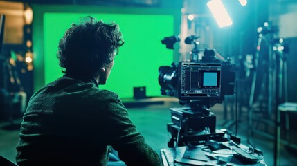A man sits in front of a green screen, watching a video being recorded