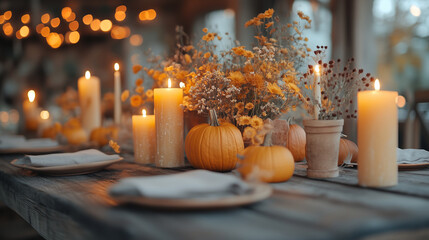 A beautiful large dining table set for a Thanksgiving celebration.