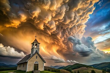 Fototapeta premium Dramatic Cloud Formations above Chapel Steeple in Valley