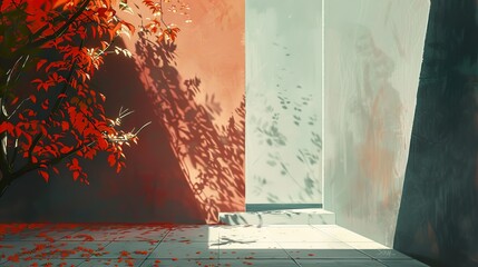 A minimalist patio with red leaves falling from a tree, casting shadows on a white wall.