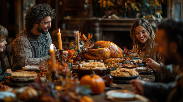 Happy family at the festive table on Thanksgiving Day. - Powered by Adobe