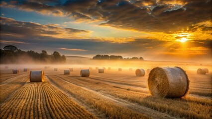 Moody dusk scene of isolated straw bales in a misty field with backlight highlighting the textures and shadows in warm earthy tones