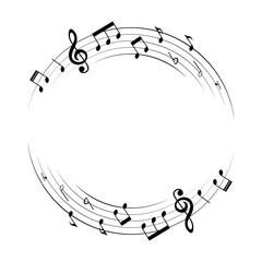 Music notes background, round musical frame, vector illustration.