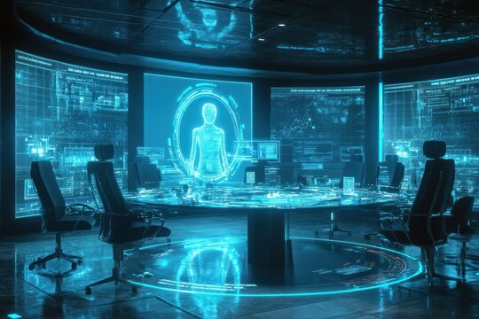 Futuristic Command Center with Hologram Interface