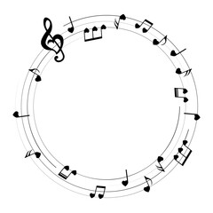 Heart shape music notes,round musical frame, isolated vector illustration.