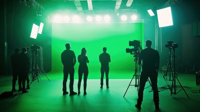 A group of people stand in front of a green screen