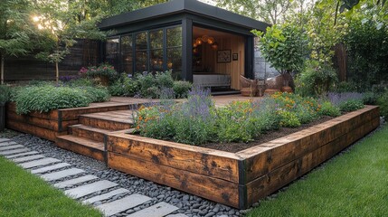Cozy backyard with a modern shed and lush garden landscaping.