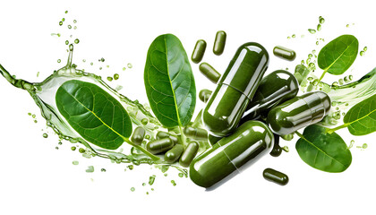 moringa capsules and fresh leaves Splash on a white isolated background. Generative AI.