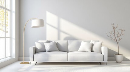 minimalist living room with a single gray sofa, a thin floor lamp, and bare walls in neutral tones