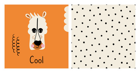 Cute set with animal poster and spotted seamless pattern. Hand drawn card with alpaca face and polka dots print. Decor for baby shower, kids room, textile. Colorful vector illustrations.
