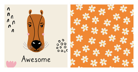 Cute set with animal poster and floral seamless pattern. Hand drawn card with capybara face and chamomiles print. Decor for baby shower, kids room, textile. Colorful vector illustrations. 