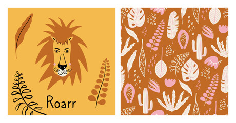 Cute set with animal poster and floral seamless pattern. Hand drawn card with lion face and tropical plants print. Decor for baby shower, kids room, textile. Colorful vector illustrations. 