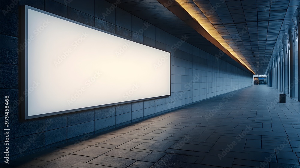 Poster illuminated architectural corridor with geometric patterns and vanishing perspective