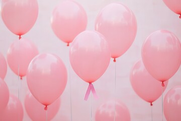 Floating pink balloons with breast cancer awareness ribbons, representing hope and support, balloons in flight, support and awareness