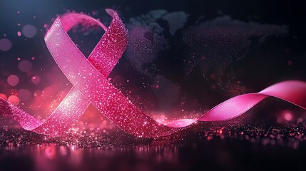 Pink ribbon with sparkling glitter, representing breast cancer awareness.